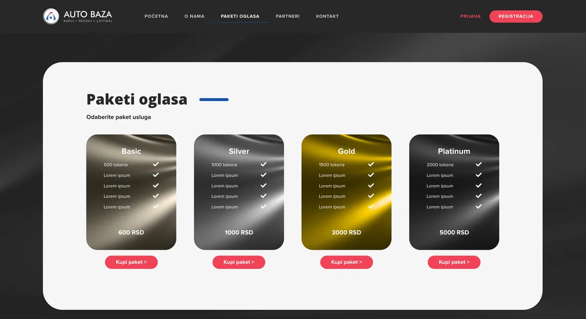 Auto Baza ad packages with token tiers from Basic to Platinum