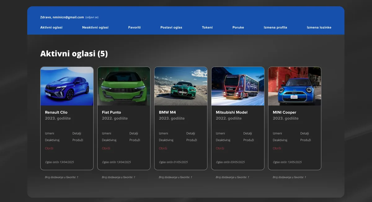 Auto Baza seller dashboard with active listings management