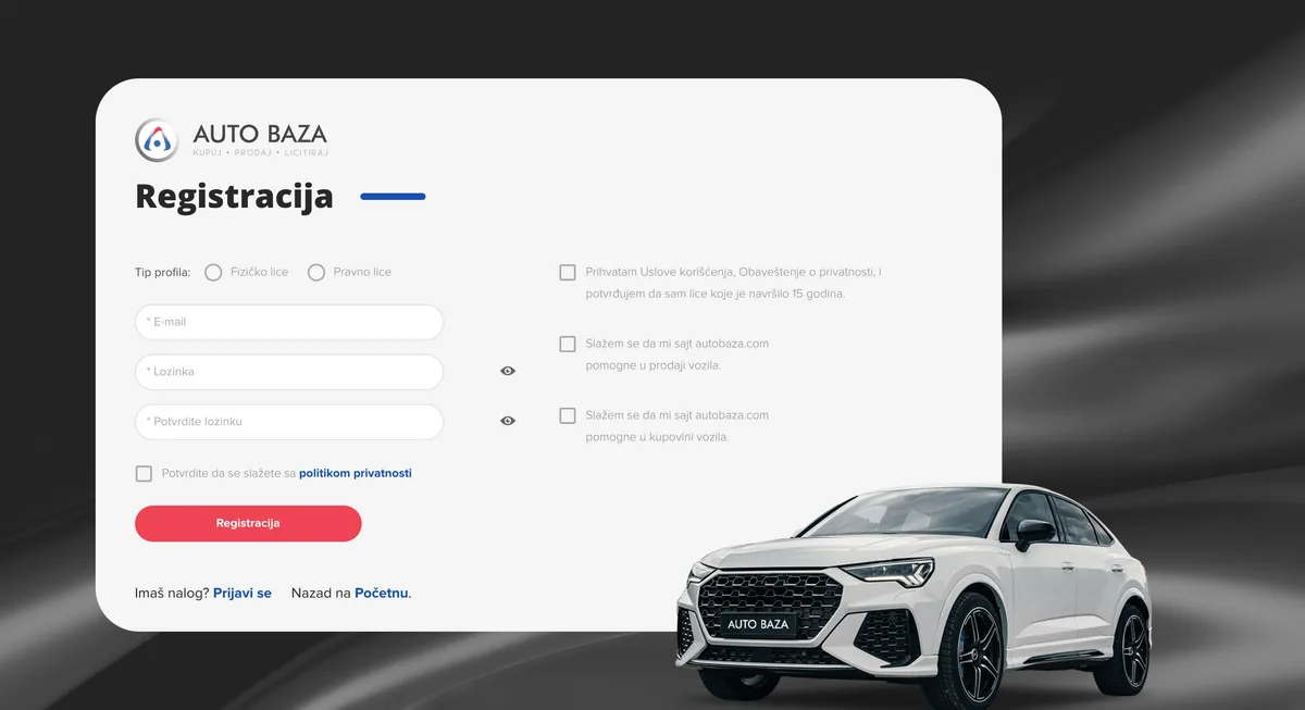 Auto Baza registration with individual and business account types