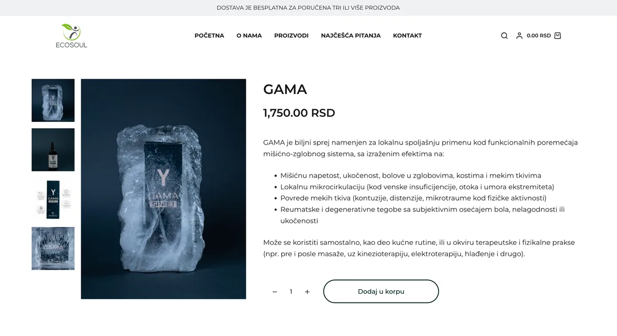 ECOSOUL product detail page for GAMA spray